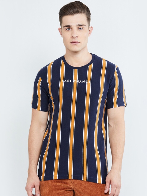 

max Men Navy Blue & Mustard Yellow Striped Round Neck T-shirt