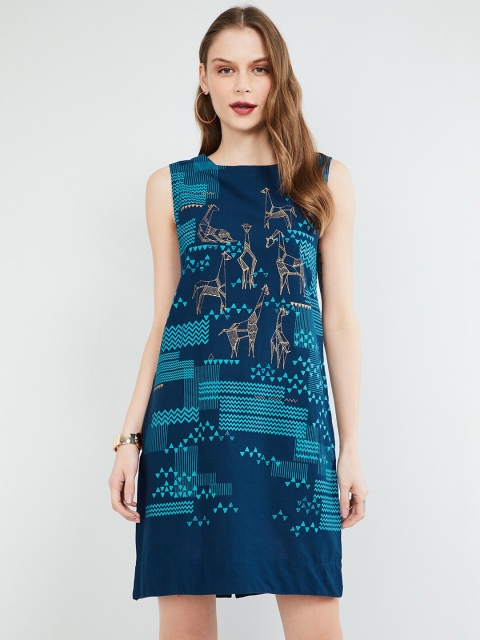 max Women Navy Blue & Sea Green Printed A-Line Dress