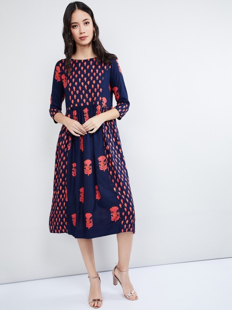 

max Women Navy Blue & Orange Floral Printed A-Line Dress