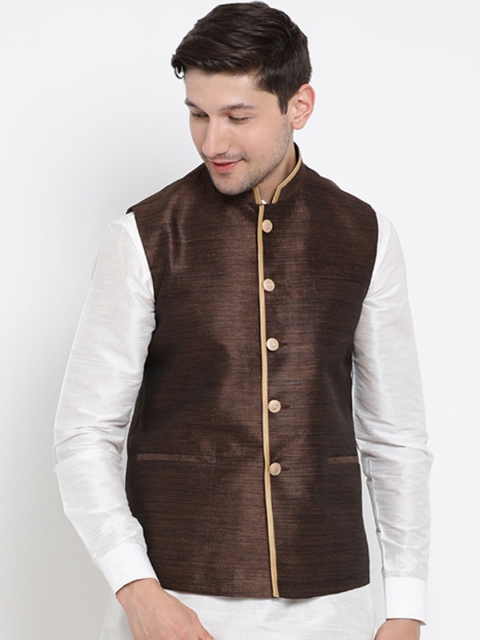 

VASTRAMAY Men Brown Solid Woven Nehru Jacket