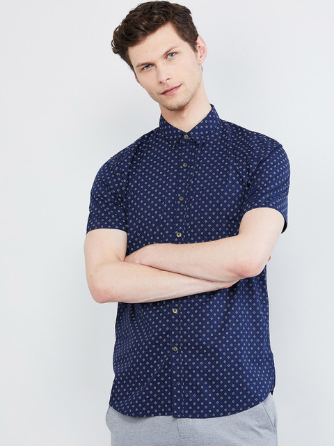 

max Men Navy Blue Regular Fit Printed Casual Shirt
