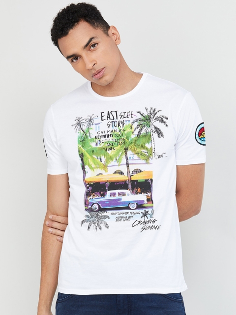 

max Men White Printed Round Neck T-shirt