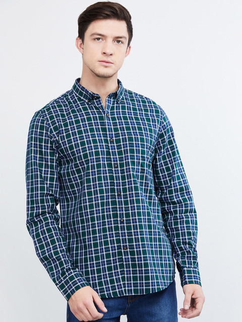 

max Men Green & Navy Blue Regular Fit Checked Casual Shirt