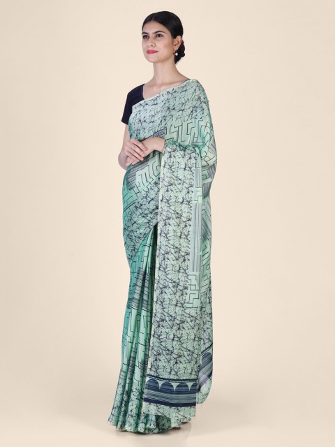 

Hastakala Sea Green & Navy Blue Pure Georgette Printed Saree
