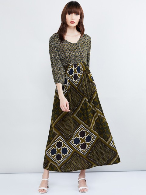 

max Women Olive Green & Navy Blue Printed Maxi Dress