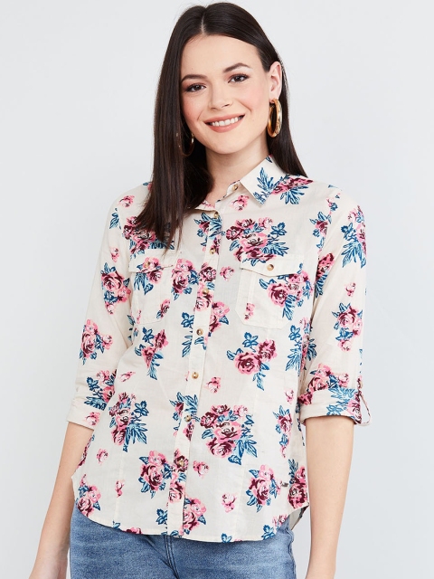 

max Women Off-White & Pink Floral Printed Casual Shirt
