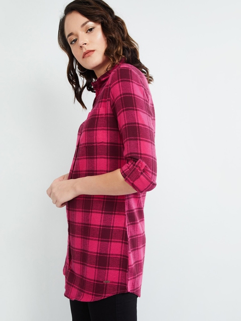 

max Women Pink Regular Fit Checked Casual Longline Shirt