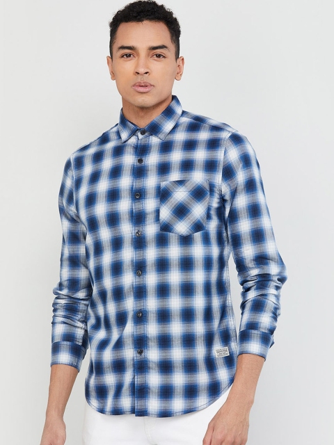 

max Men Navy Blue & Off-White Slim Fit Checked Casual Shirt