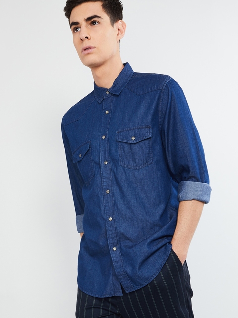 

max Men Navy Blue Slim Fit Solid Casual Shirt