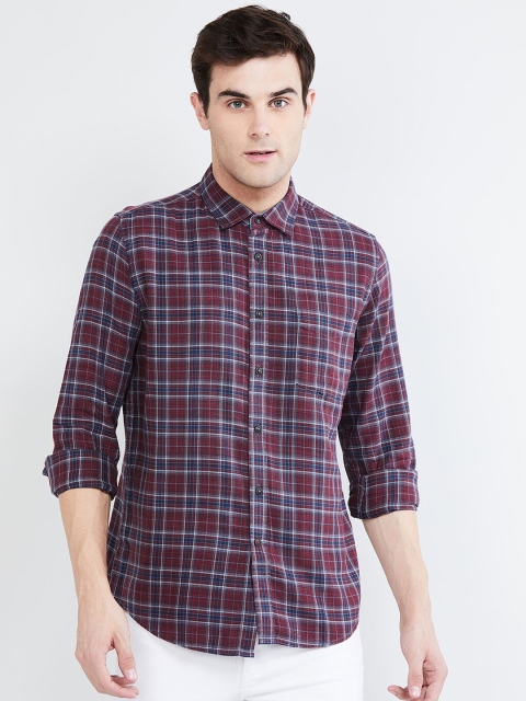 max Men Maroon & Navy Blue Regular Fit Checked Casual Shirt