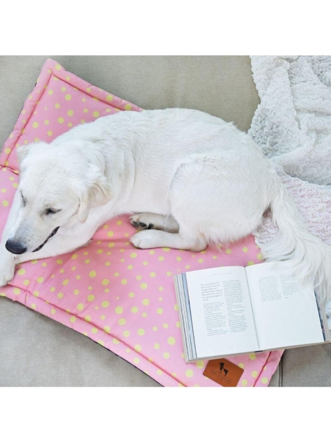 

Heads Up For Tails Blue & Yellow Polka Dot Print Chew Resistant Indoor Dog Mat, Pink