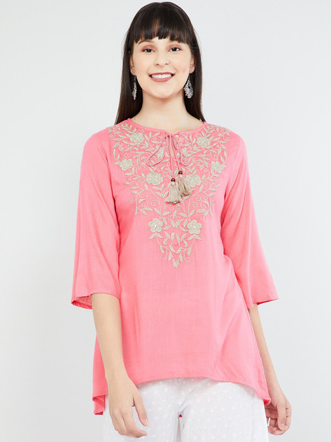 

max Pink Embroidered Tie-Up Neck Tunic