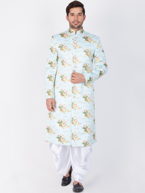 

VASTRAMAY Men Blue & Green Floral Printed Sherwani Set
