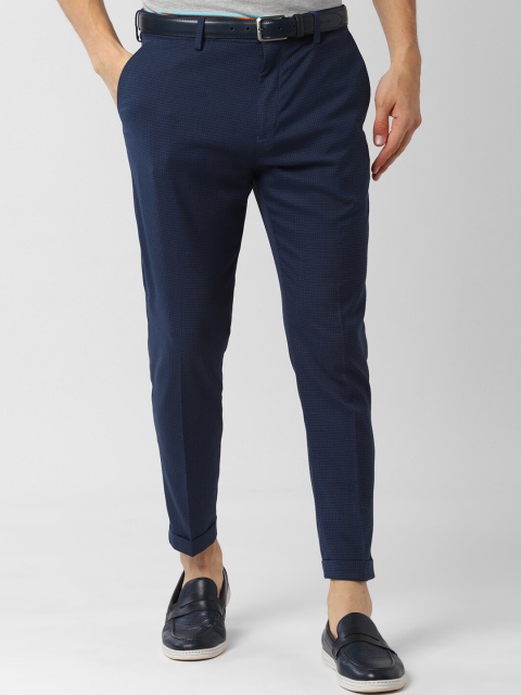 

Peter England Men Navy Blue Checked Tapered Fit Regular Trousers