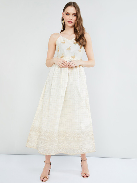 

max Women Beige & Off-White Embroidered Checked Fit and Flare Dress