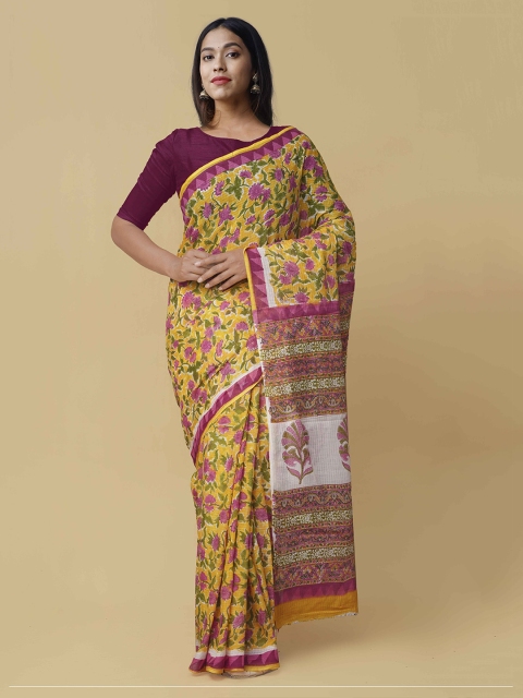 

Unnati Silks Yellow & White Pure Cotton Floral Printed Saree