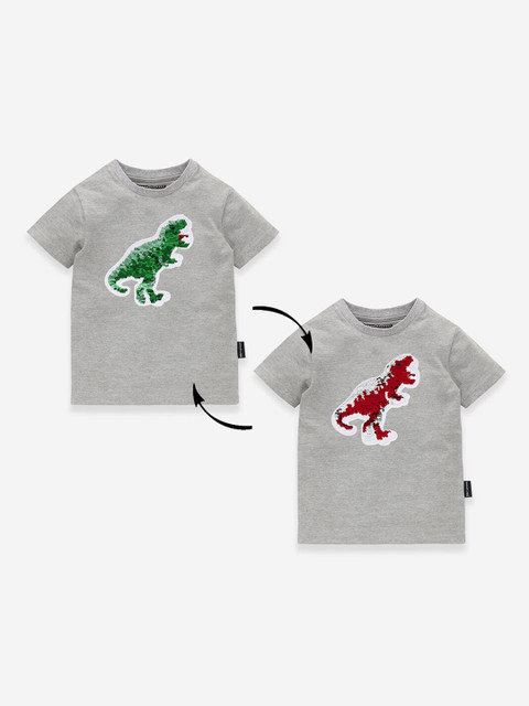 

MAGIC TEES Boys Grey Dinosaur Flip Sequinned Round Neck T-shirt