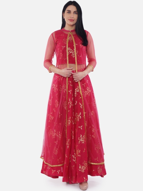 

Be Indi Women Red Foil Printed Kurta & Skirt with Jacket