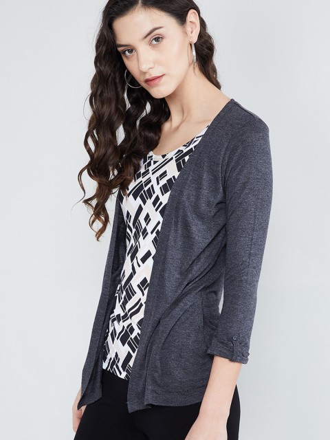 

max Women Grey & White Printed Top with an Attached Shrug