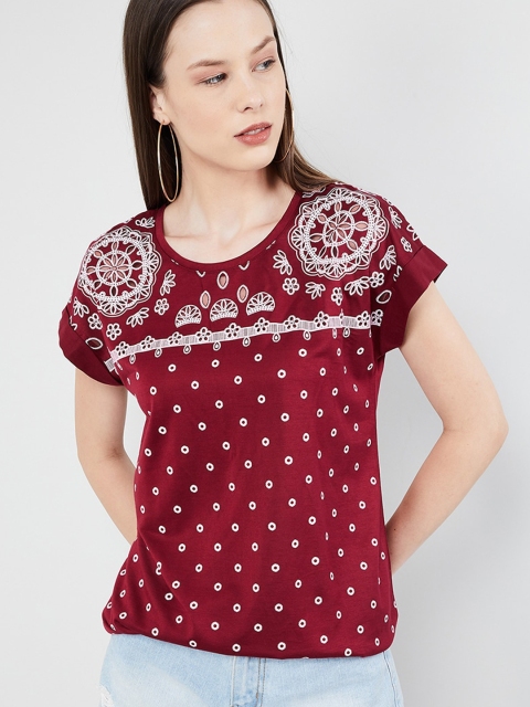 

max Women Maroon & Off-White Embroidered Top