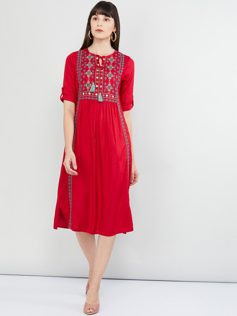 

max Women Red Embroidered Ethnic A-Line Dress