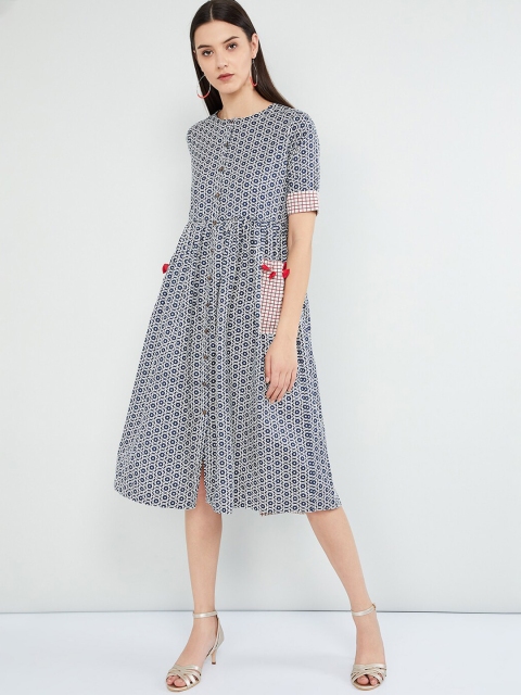

max Women Navy Blue & Off-White Printed A-Line Dress