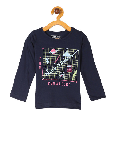 

Cherokee Girls Navy Blue & Pink Printed Round Neck T-shirt