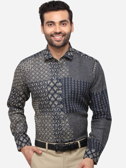 

JB STUDIO Men Navy Blue & Cream-Coloured Slim Fit Printed Linen Formal Shirt