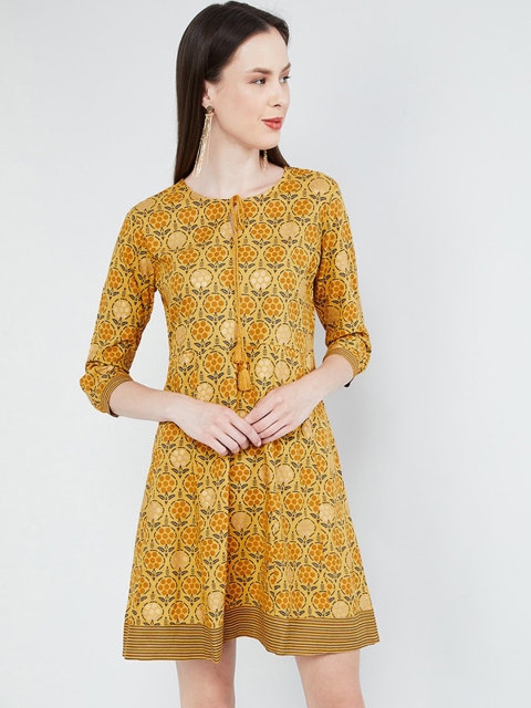 

max Women Mustard Yellow & Blue Printed A-Line Dress