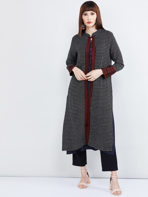 

max Women Black Checked Tie-Up Ethnic Shrug