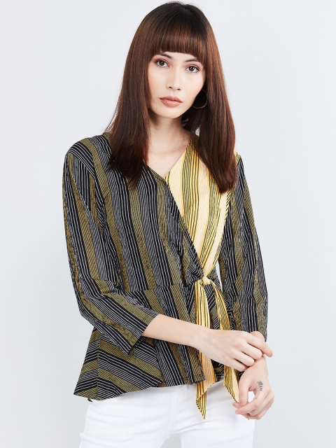 

max Women Black & Yellow Striped Wrap Top