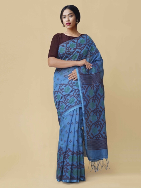 

Unnati Silks Blue Printed Handloom Silk Cotton Saree