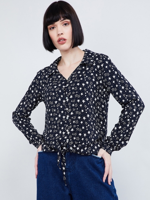 

max Women Navy Blue & White Star Printed Shirt Style Top