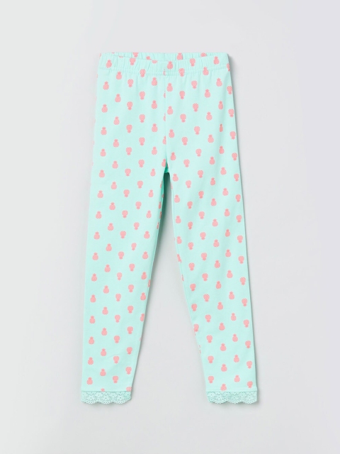 

max Girls Sea Green & Pink Printed Ankle-Length Leggings