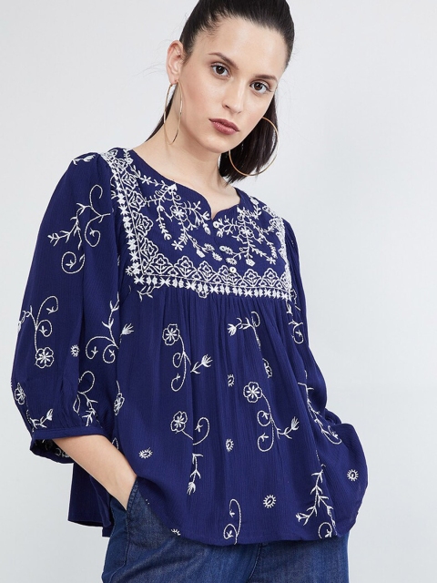 

max Women Blue Embroidered Top