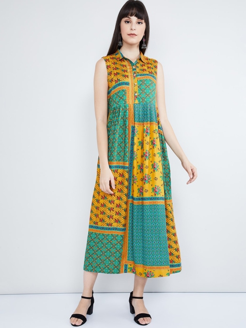 

max Women Mustard Yellow & Sea Green Floral Printed A-Line Dress