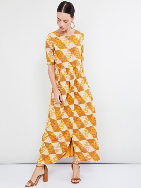 

max Women Mustard Yellow & Beige Printed Maxi Dress