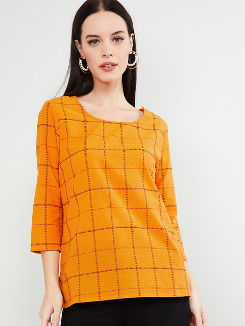 

max Women Orange & Red Checked Top