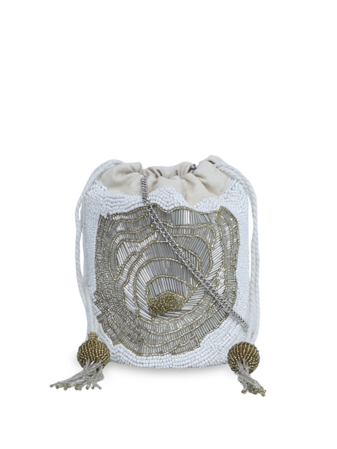 

Diwaah White & Silver-Toned Embellished Potli Clutch
