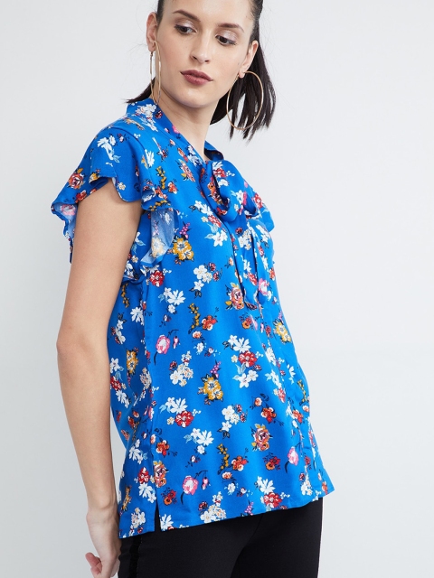 

max Women Blue & White Floral Printed Shirt Style Top