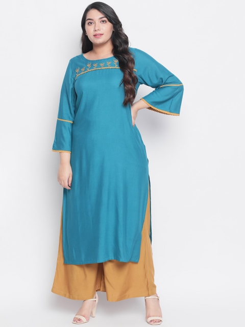 

Amydus Women Turquoise Blue Yoke Design Straight Kurta