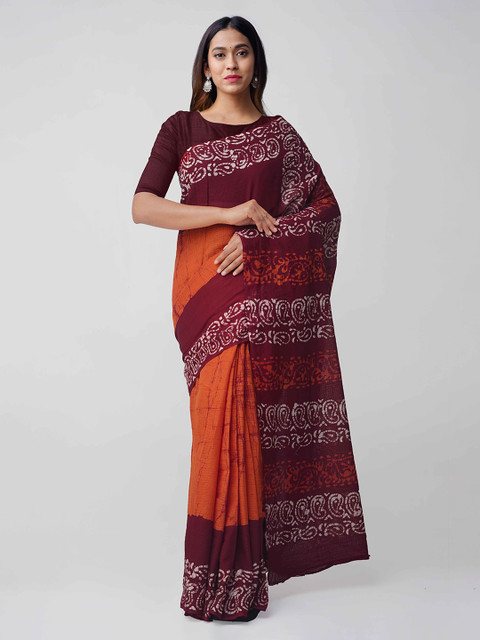 

Unnati Silks Orange & Maroon Pure Cotton Printed Kota Saree