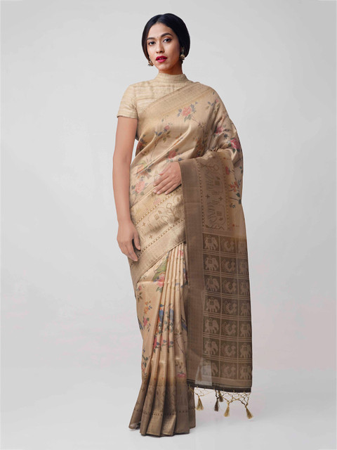 

Unnati Silks Brown & Gold-Toned Silk Cotton Woven Design Banarasi Handloom Saree