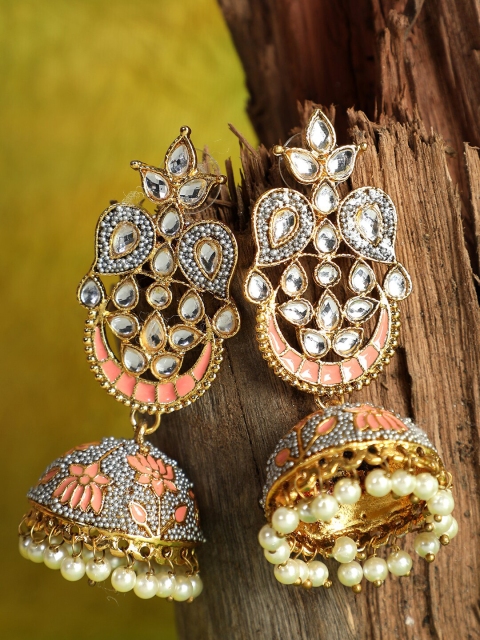 

ANIKAS CREATION Peach-Coloured & Gold-Plated Floral Jhumkas