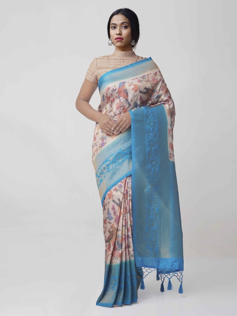 

Unnati Silks Cream-Coloured & Blue Silk Cotton Woven Design Banarasi Handloom Saree