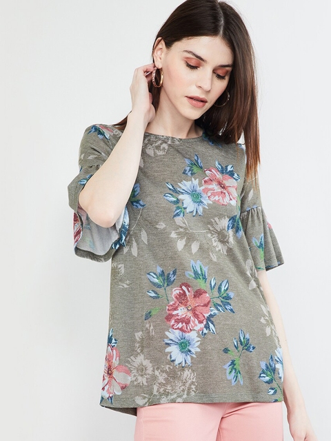 

max Women Olive Green & Pink Floral Printed Top