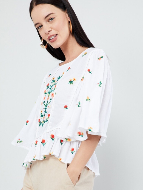 

max Women White Embroidered Cinched Waist Top