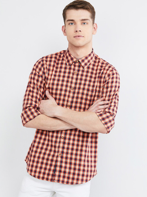 

max Men Orange & Navy Blue Regular Fit Checked Casual Shirt