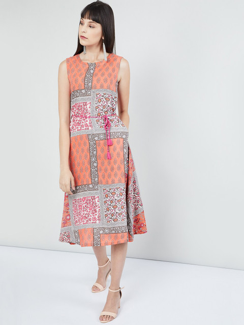 

max Women Peach-Coloured & Grey Floral Printed A-Line Dress