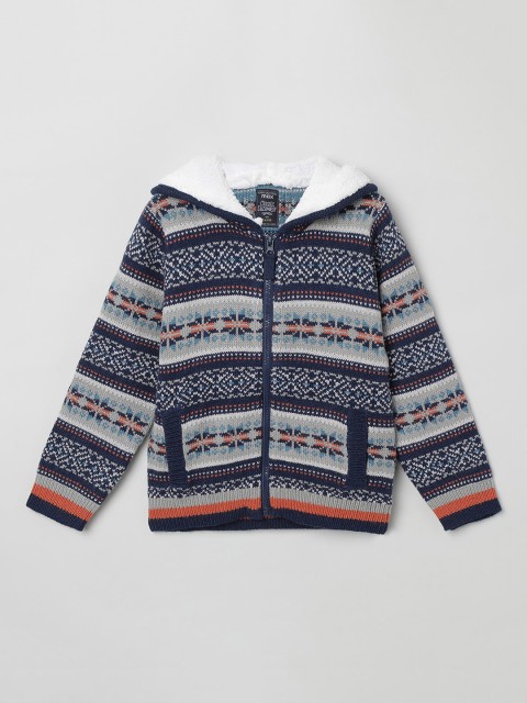 

max Boys Navy Blue & Grey Self Design Front-Open Sweater